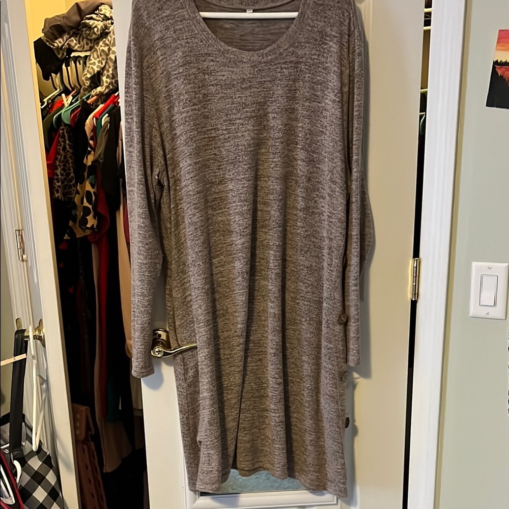 Cozy light brown long  Sleeve Sweater Dress with buttons on sides and pockets